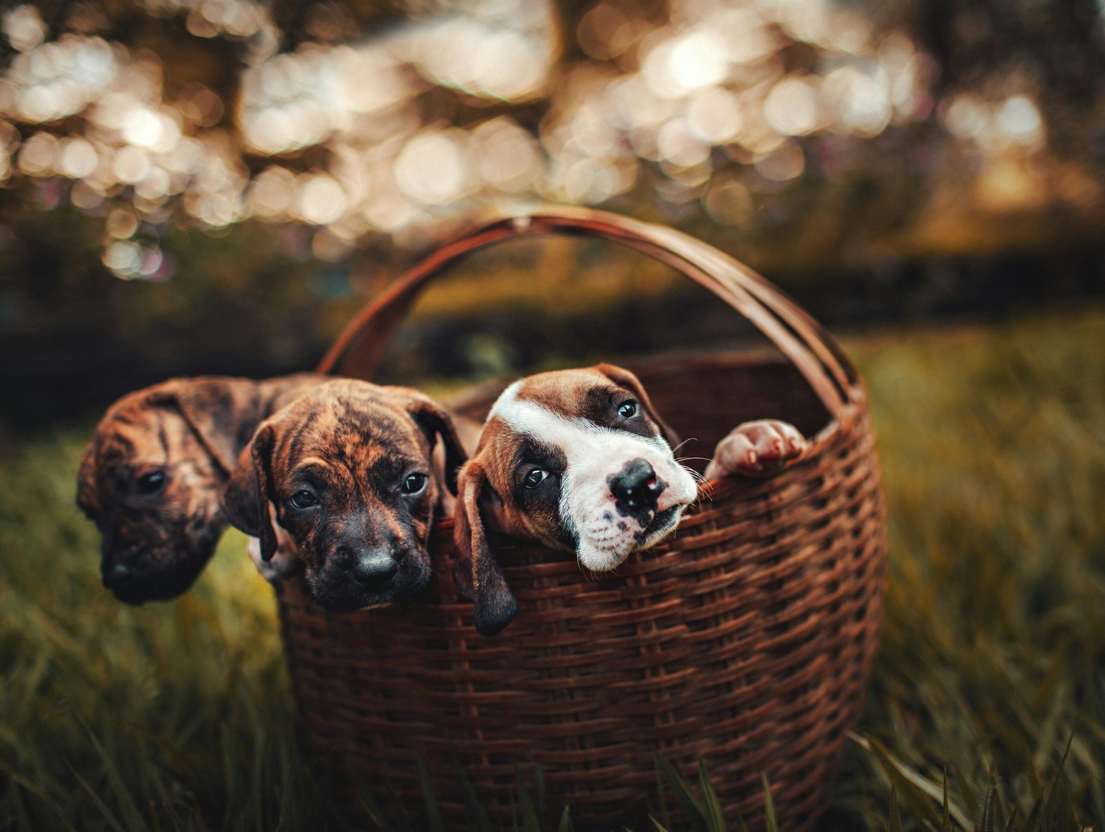 Three cute puppies snuggled together in a wicker basket on grass, enjoying a sunny day.
